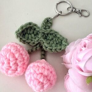 Handmade Crochet Cherry Keychain – Cute Pink Amigurumi Bag Charm